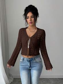 Selianne Women's Solid Color Tie-Front Casual Versatile Daily Outing Cardigan - Coffee Brown - View 8