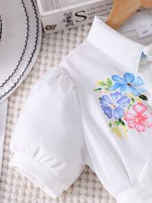 SHEIN 女童花卉印花领扣式泡泡袖连衣裙（配腰带） - 白色 - 查看 7
