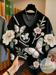 EMERY ROSE Floral Butterfly Pearl Pattern Print Short Sleeve Fashion Plus Size T-Shirt - Multicolor - View 1