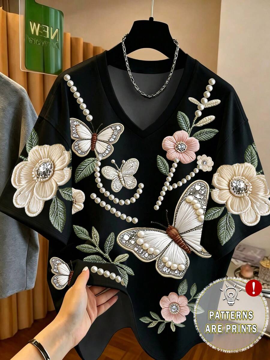 EMERY ROSE Floral Butterfly Pearl Pattern Print Short Sleeve Fashion Plus Size T-Shirt - Multicolor - View 1
