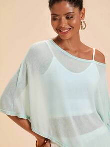 Travachic Women's Spring/Summer Asymmetrical Cape Shawl Loose Lazy Semi-Sheer Knit Top - Green - View 1