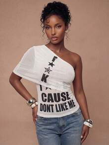 Modviera Women's Fashion Semi-Sheer Letter Print Top Club Rave White Autumn Streetwear 2000s - White - View 5