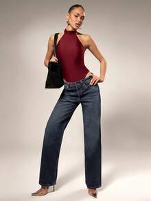 Hauture Women's Sexy Solid Color Backless Halter Neck Bodysuit For Summer - Red - View 7