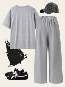 SHEIN Teen Boys Crew Neck Casual Letter Print T-Shirt And Sweatpants Set - Grey - View 2