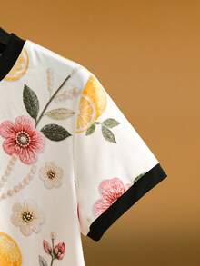 GlowEve Women's Casual Cute Colorblock Round Neck Short Sleeve T-Shirt, Summer Style Tea Party White And Blue Floral - Multicolor - View 4