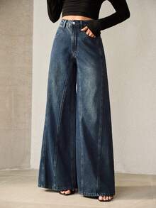 Anewsta Women's Spring/Summer Fashion Patchwork Blue Mother's Day Wide Leg Jeans - Blue - View 3