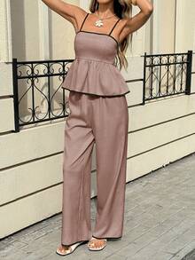 Siren Gaze Women's Contrast Trim Spaghetti Strap Camisole Top And Loose Long Pants Two Pieces Set Vacation Mauve Summer Tropical - Dusty Pink - View 3