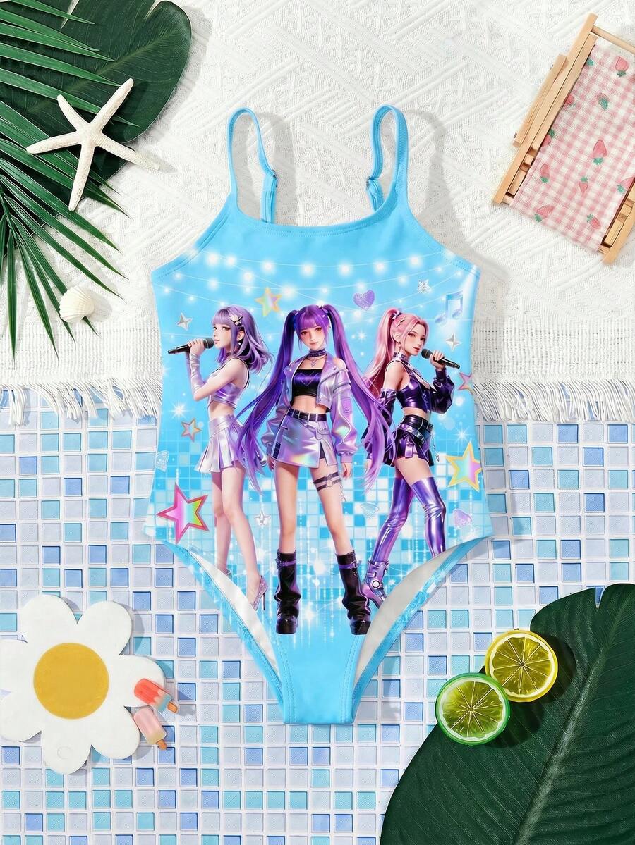SHEIN 少女卡通肖像图案吊带连体泳衣,夏季海滩度假 - 藍色 - 查看 1