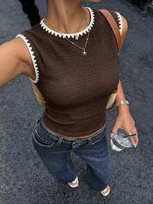 Siren Gaze Summer New All-Match Versatile Textured Hem Trim Slim Fit Tank Top Dark Brown - Brown - View 4