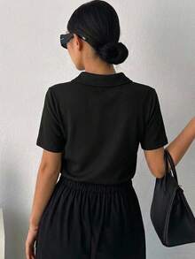 DAZY Women Business Casual Solid Short Sleeve Blouse - Black - View 12