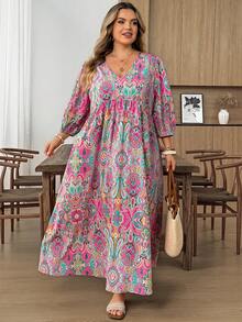 SHEIN CURVE+ Plus Size Paisley Print V-Neck Loose Lantern Sleeve Dress - Multicolor - View 6