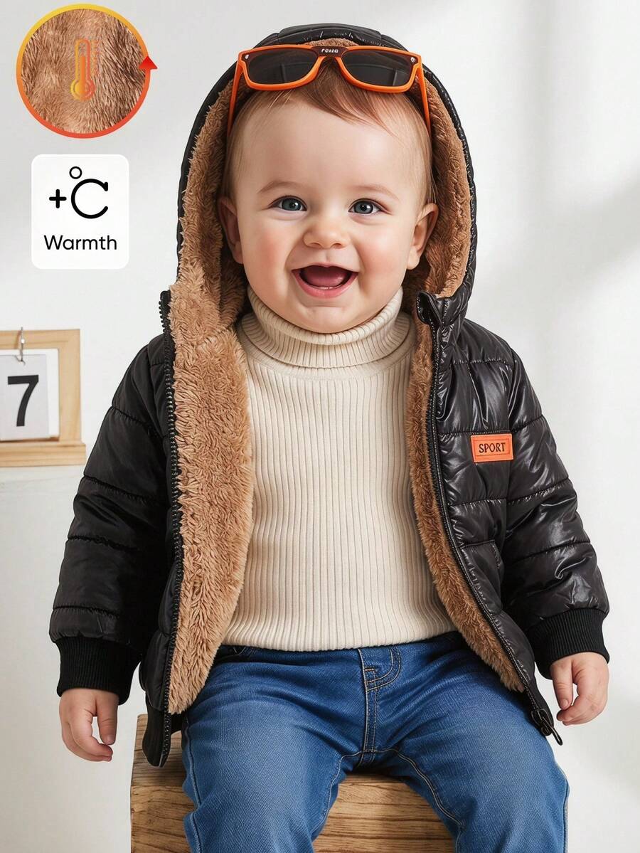 SHEIN Playful Pals 1 chiếc áo khoác mùa đông cho bé trai, trẻ em, đắp chữ, lót lông gấu bông, lông xù, khóa kéo toàn thân, có túi, có mũ, mặc ngoài, màu đen, phong cách Cowboy Club, mặc ngoài trời hàng ngày - màu nâu - Xem 1