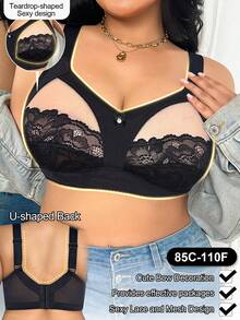DesireSculpt Plus Size Adjustable Lace Contrast Mesh Comfortable Bra, Spaghetti Strap, Lift Support, Wireless, For Large Bust - Black - View 3