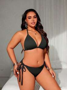 Swim Lushoire Plus Size Women's Solid Color Halter Tie Sexy Bikini Set For Beach Summer Beach - Navy Blue - View 6