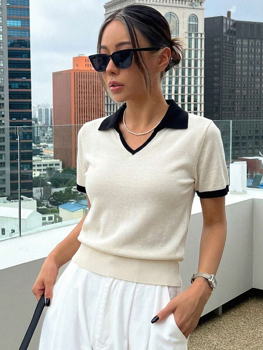 DAZY 條紋POLO領短袖休閒春夏女款針織上衣 - 白色 - 查看 1