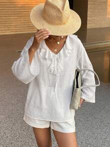 DAZY Solid Color Loose Long Sleeve Round Neck Women's Blouse Vacation White Autumn Elegant - White - View 3