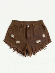 Rivivi Plus Size Plain Simple Everyday Denim Shorts - Brown - View 1