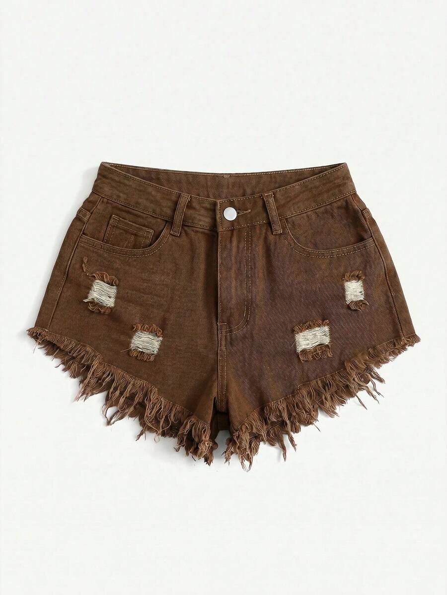 Rivivi Plus Size Plain Simple Everyday Denim Shorts - Brown - View 1