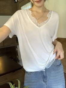 DAZY Women's Lace Patchwork Casual Versatile Daily Outing Short Sleeve T-Shirt Summer - White - View 3