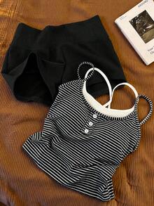 Resyla Women's Spring/Summer Striped Camisole Top And Solid Color Shorts 2-Piece Set - Black - View 3