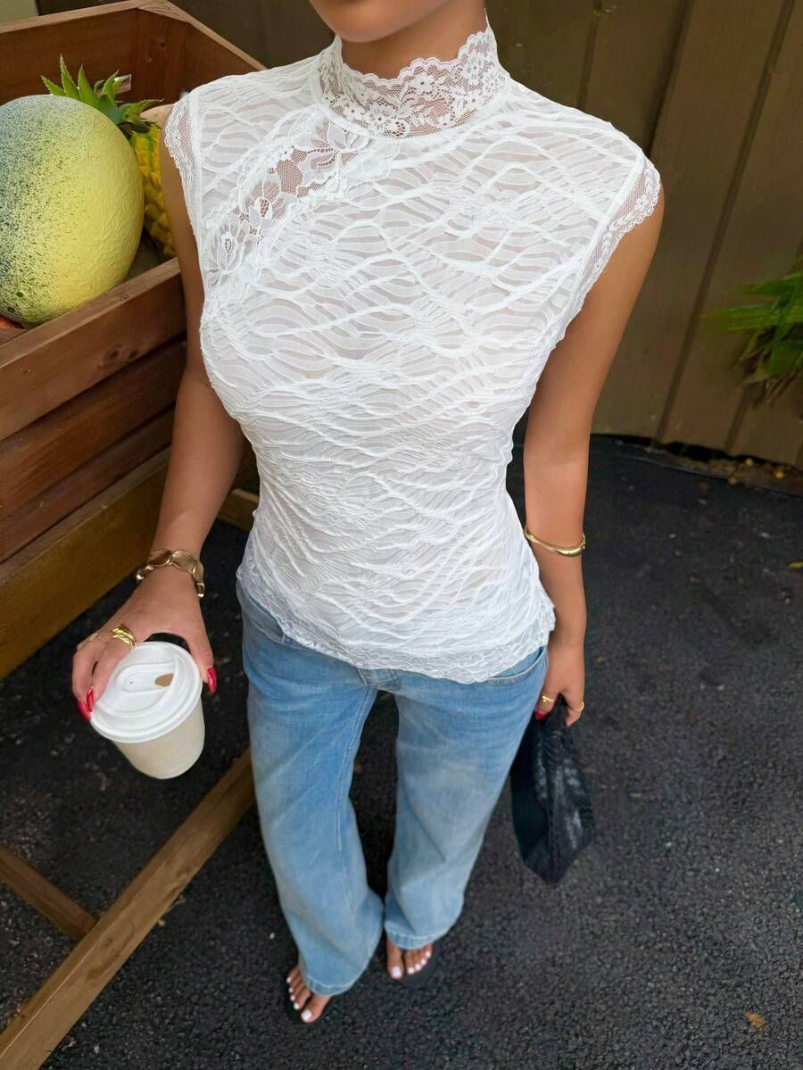 Muchica Tank Top Wanita Renda Putih Modis Musim Panas - Putih - View 1