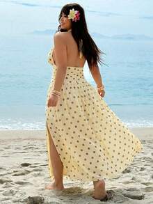 GalTyme Plus Size Summer Light Yellow Print Backless Halter Neck Dress Vacation - Multicolor - View 2