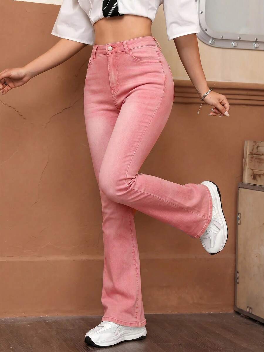 SHEIN EZwear Washed Denim Blue Solid Flare Leg Jeans - Pink - View 1
