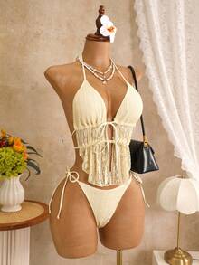 Bellisia Women's Summer Beach Solid Color Lace Knit Jacquard Halter Neck Drawstring Tie Front Swimwear Top And Double Side Tie Triangle Bottoms Set Beige - Apricot - View 5