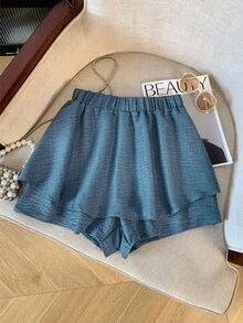GlowEve CURVE Plus Size Solid Color Denim Effect Tube Top & Shorts 2-Piece Set - Blue - View 3