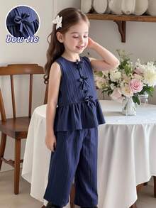 2pcs/Set Toddler Girls Solid Color Single-Breasted Bow Decor Ruffle Hem Vest Shirt And Long Pants Outfit,Minimalist Casual Summer,Family Matching - Royal Blue - View 4
