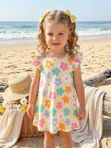 Cozy Pixies Baby Girls Pale Yellow Floral Print Knit Dress,Cute Summer Vacation Holiday Cap Sleeve Casual Elastic Dress,Bohemian Party Style,Spring Trip Outfit - Multicolor - View 6