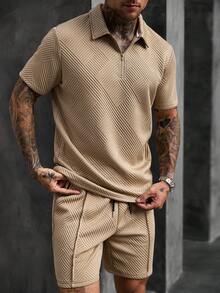 Manfinity CasualCool 男士夏季時尚休閒 Polo 套裝，拉鍊 Polo 衫與短褲，舒適好穿，適合日常出遊與參加朋友聚會 - 卡其色 - 查看 7