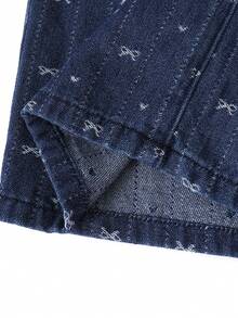 SHEIN Jeans de mezclilla casuales de moda dulce para niñas con moño, corazón y rayas de jacquard, cómodos de pierna ancha, cintura elástica plana, diseño de bolsillos, adecuados para el uso diario de niñas - Azul lavado oscuro - Ver 9