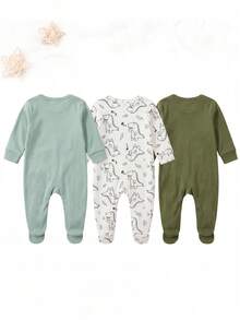[1 Set Randomly Sent]Newborn Baby Home Jumpsuit, Soft Cute Dinosaur Cartoon Print, Spring/Autumn Long Sleeve Footed Dinosaur Combination Pattern Soft Pajamas, Snap Button Design, Skin-Friendly Soft, Home Leisure, Daily Outings And Play - Multicolor - View 2