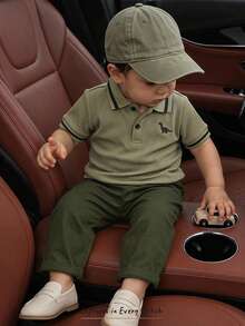 Cozy Pixies 2pcs Baby Boy Soft Knit Crew Neck Short Sleeve Top And Elastic Waist Pants Set - Green - View 10