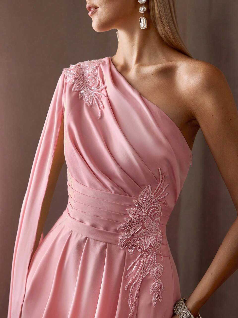 WOMEN'S ELEGANT PARTY ONE-SHOULDER 3D FLOWER DECOR EXTRA LONG SLIT SLEEVE PLEATED WAIST LONG DRESS