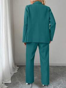 SHEIN Clasi 大码纯色单排扣休闲长袖西装外套 - 綠色 - 查看 2