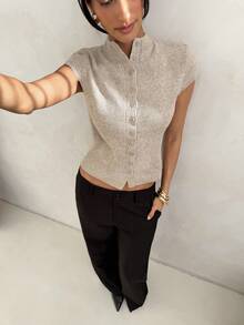 Aloruh Women's Elegant Casual Commute Short Sleeve Knit Cardigan, Minimalist Solid Color - Khaki - View 7