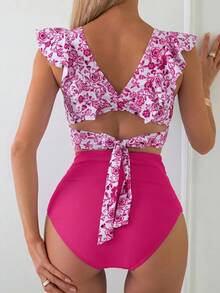 Swim Lushoire Women's V-Neck Pleated Ruffle Swim Top And Solid Color Swim Bottoms Bikini Set Beach Pool Party Vacation White Colorful Summer Jamican Sexy Tropical - Hot Pink - View 2