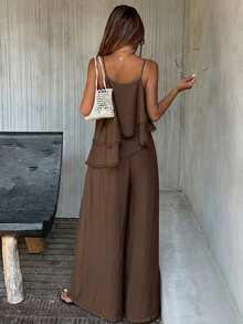 Livesso Summer Vacation Outfit Black Camisole Ruffle Top Loose Long Pants Solid Color Women's Two Pieces Set - Brown - View 2