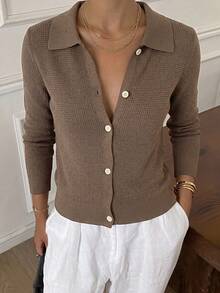 Strévra Women's Summer Lapel Short Sleeve Knit Top - Coffee Brown - View 3