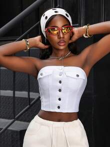 Jeanoix Y2K Women's Denim Crop Top, White Sexy Denim Bandeau, Suitable For Daily, Vacation And Streetwear, Sweet And Sexy Bandeau Top, New Arrival For Summer - White - View 4