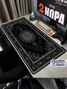 1片大尺寸防滑橡膠底聚酯纖維鮮豔花卉波斯風格黑色滑鼠墊 遊戲辦公室書房桌面裝飾禮物 - 黑色 - 查看 1