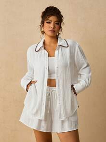 Levarali Plus Size Women's Vacation Casual Pure Cotton Shirt And Shorts 2 Pieces Set Beach White Autumn - Beige - View 6