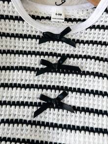 SHEIN Infant/Toddler (Girl) Striped Pattern Bow Decor Flutter Sleeve T-Shirt And Shorts Set - Black and White - View 7