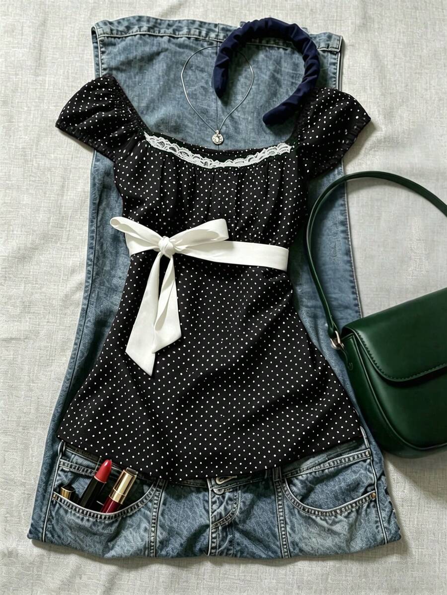 IslaSuriya Navy Blue Polka Dot Square Neck Puff Sleeve Tie Waist Blouse - Black and White - View 1