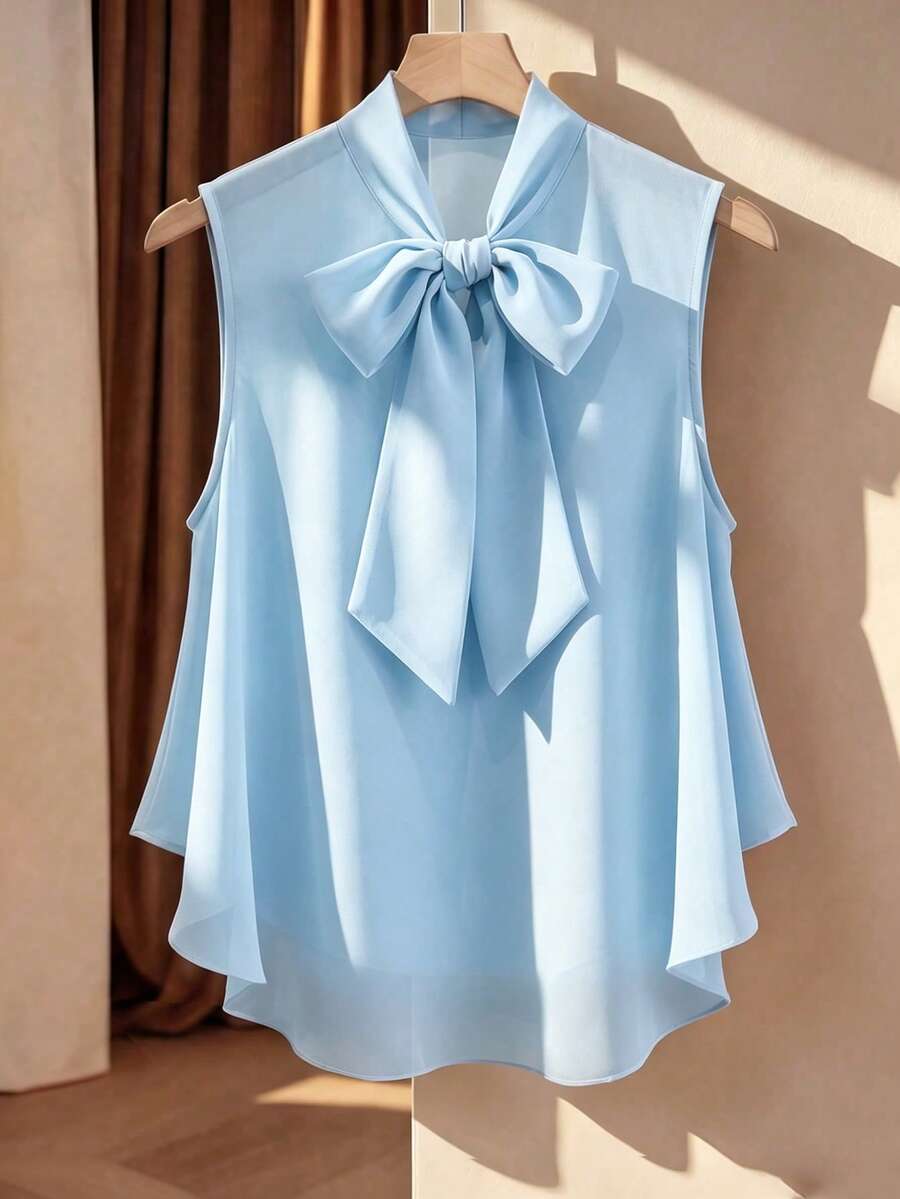 Franclia 大码女士优雅纯色雪纺面料蝴蝶结系带A字娃娃衫,无袖,百搭设计,适合度假、音乐会、时尚外出、派对、约会之夜、情人节等场合。 - 藍色 - 查看 1