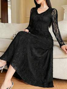 Modelyn Vestido de encaje de unicolor elegante talla grande - Negro - Ver 7