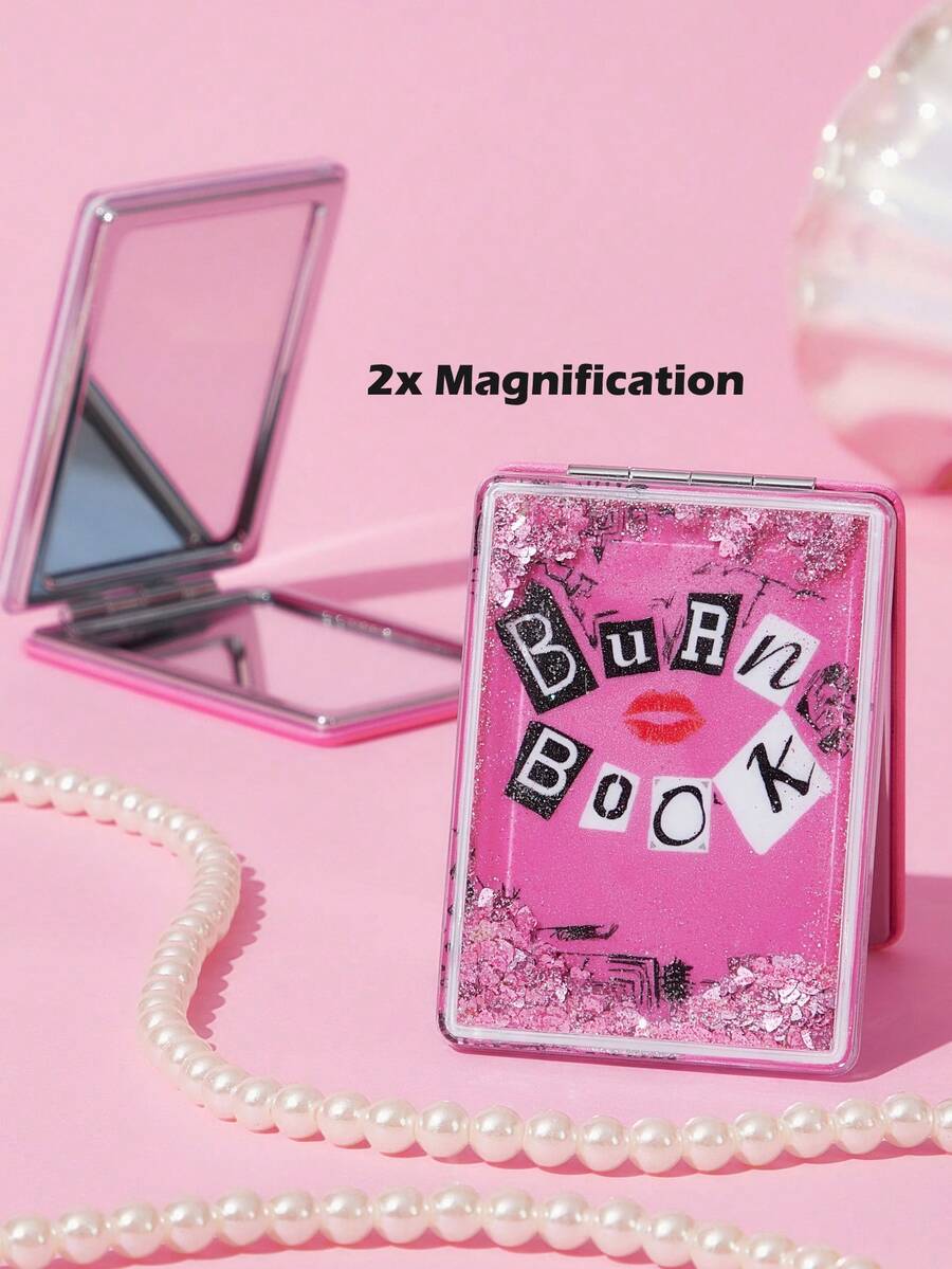Mean Girls | SHEIN 1件可愛圖案印花亮片裝飾粉色可折疊HD便攜鏡,正反面鏡面與2倍放大鏡面,可站立或手持,輕巧便攜,方便檢查妝容細節,適合旅行與通勤,BURN BOOK - 粉色 - 查看 1
