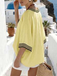 Wandoria Women's Loose V-Neck Striped Placement Print Casual Commuting Elegant Vacation Shirt Vacation Black And Yellow Summer - Multicolor - View 2